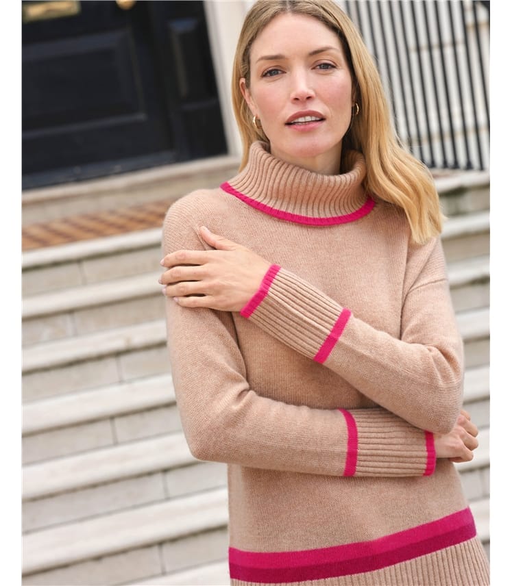 Wool Cashmere Tipped Roll Block Sweater