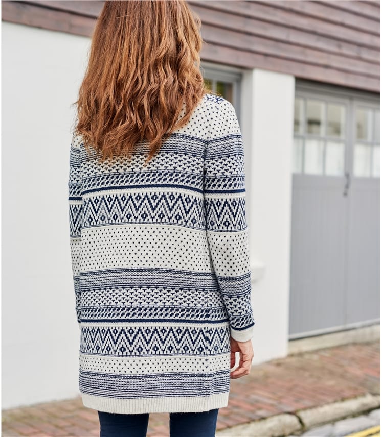 Cream/Navy Womens 100 Lambswool Fairisle Waterfall Cardigan