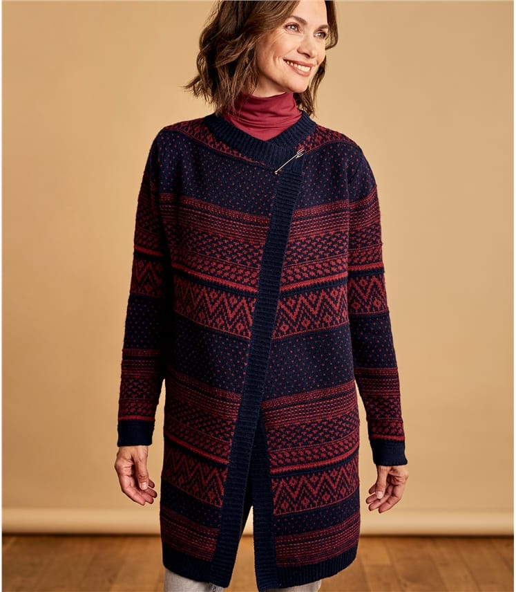 Navy/Garnet Marl | Womens 100% Lambswool Fairisle Waterfall Cardigan ...