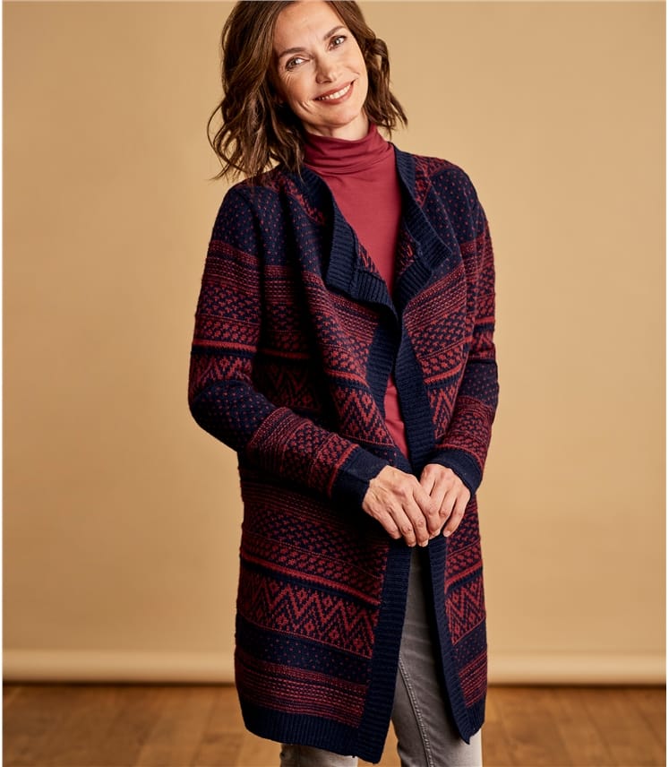 Navy/Garnet Marl | Womens 100% Lambswool Fairisle Waterfall Cardigan ...