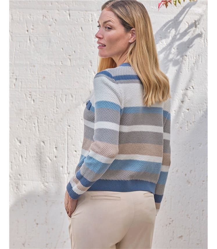 Cotton Striped Textured Crew Cardigan