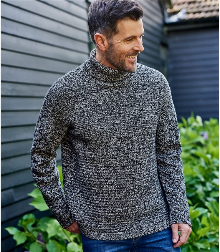 Black/Cream Twist | Mens Lambswool Twist Yarn Roll Neck | WoolOvers UK