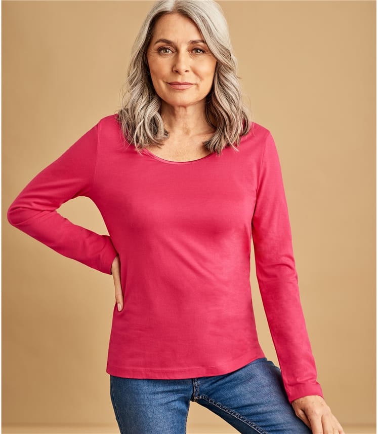 Fuchsia | Womens Long Sleeve Scoop Neck Top | WoolOvers US