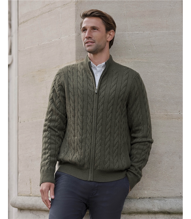 Mens Cashmere Blend Cable Zip Cardigan