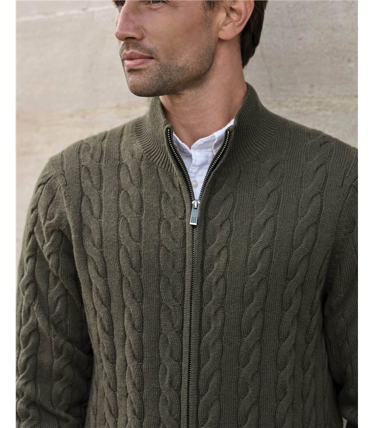 Mens Cashmere Blend Cable Zip Cardigan