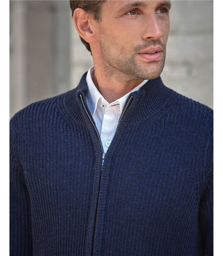 Indigo | Mens Cashmere Blend Two Tone Ribbed Zip Cardigan | WoolOvers US