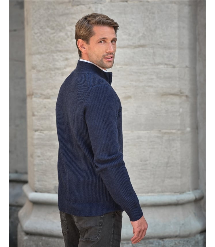 Mens Cashmere Blend Two Tone Ribbed Zip Cardigan