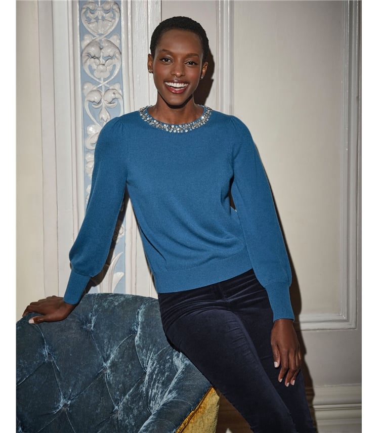 Cashmere Blend Crystal Neck Sweater