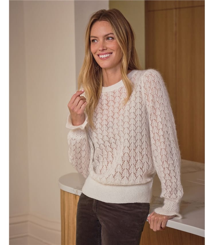 トップス Fetico MOHAIR SILK LACE KNIT SWEATER Soft White | Silk Mohair Lacy Sweater | WoolOvers US