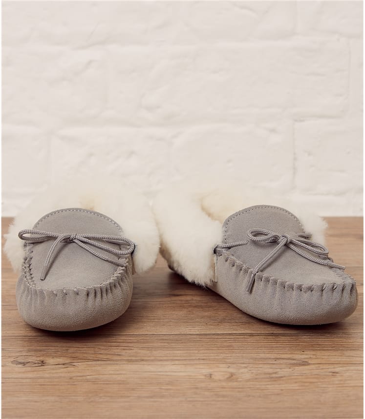 Ladies UK Made Luxury Sheepskin Moccasin Slippers Soft Suede Sole Beige |  eBay