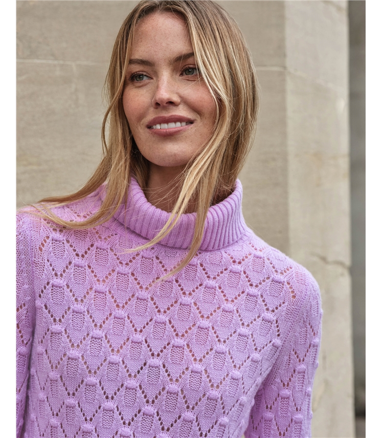 Cashmere Blend Lacy Stitch Roll Neck Sweater