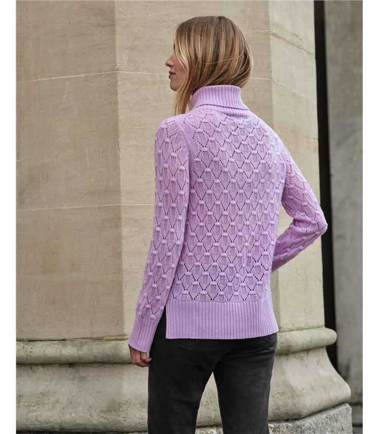 Cashmere Blend Lacy Stitch Roll Neck Sweater