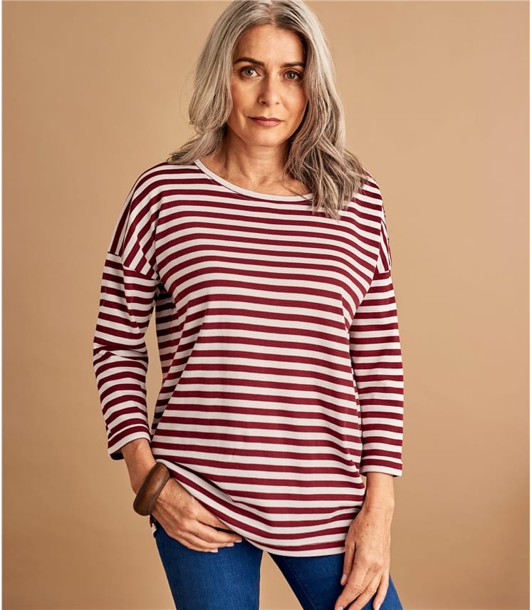 Garnet Stripe | Womens Drop Shoulder Oversized Tee | WoolOvers UK