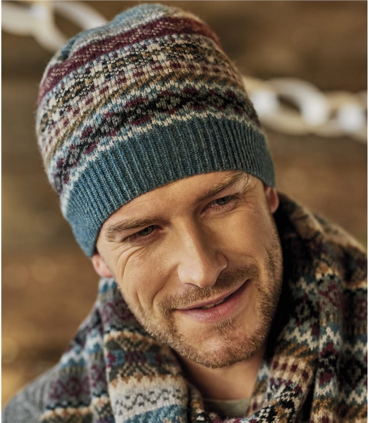 Multi Grey | Mens Lambswool Fairisle Hat | WoolOvers UK