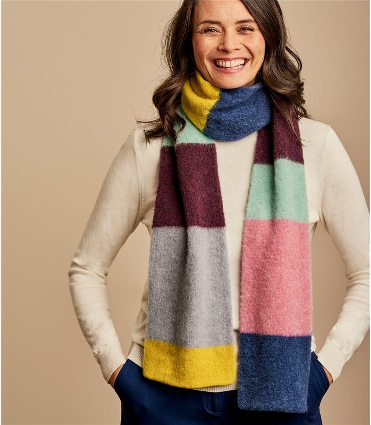 Multi Lime Womens Lambswool Fluffy Colourblock Scarf WoolOvers UK