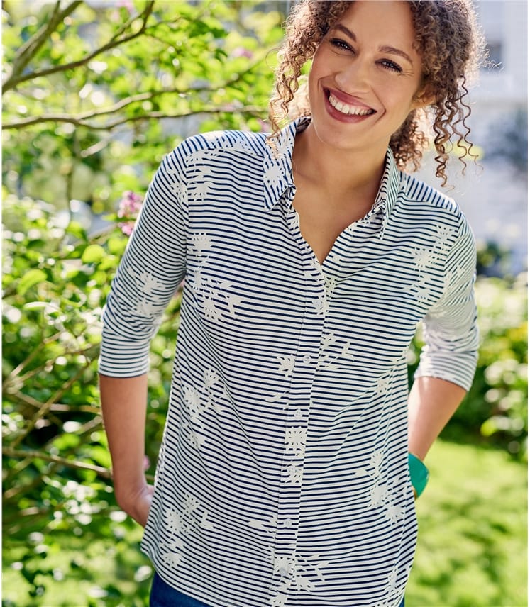 Blue Stripe Floral | Womens Jersey Print 3/4 Sleeve Shirt | WoolOvers UK
