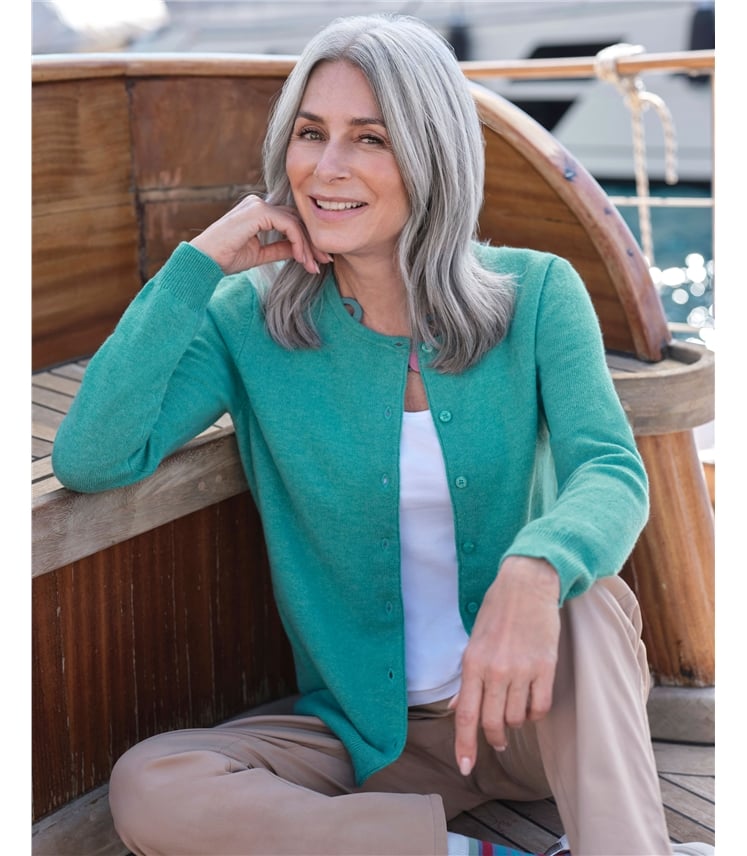 Strickjacke mit Rundhalsausschnitt aus Merino- und Kaschmirwolle für Damen