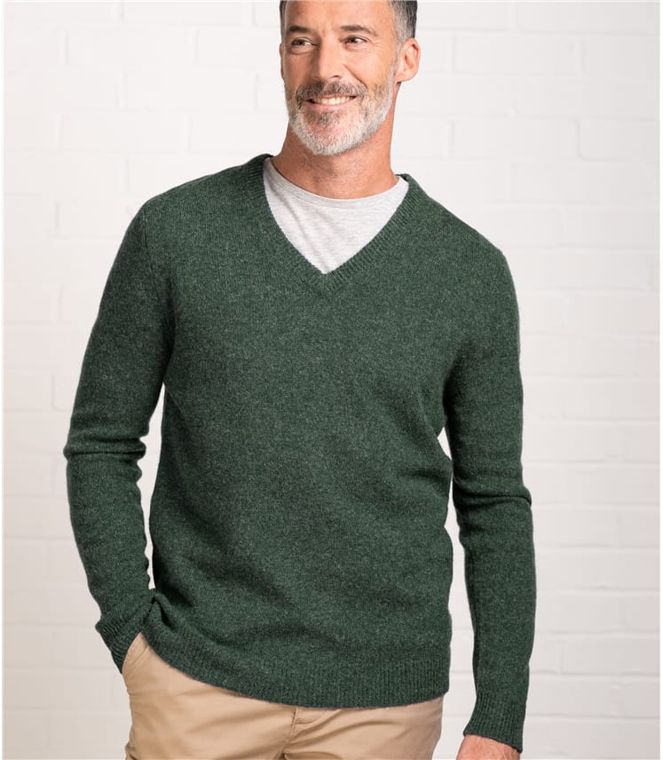 Tweed Green Pure Lambswool | Mens Lambswool V Neck Knitted Sweater