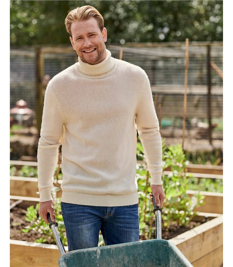 WoolOvers Mens Lambswool Turtle Neck Sweater Cream