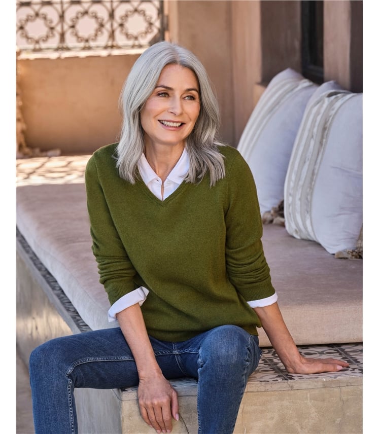 Pullover mit V-Ausschnitt aus Merinowolle und Kaschmir für Damen