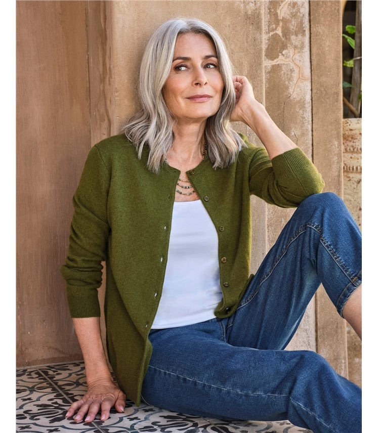 Strickjacke mit Rundhalsausschnitt aus Merino- und Kaschmirwolle für Damen