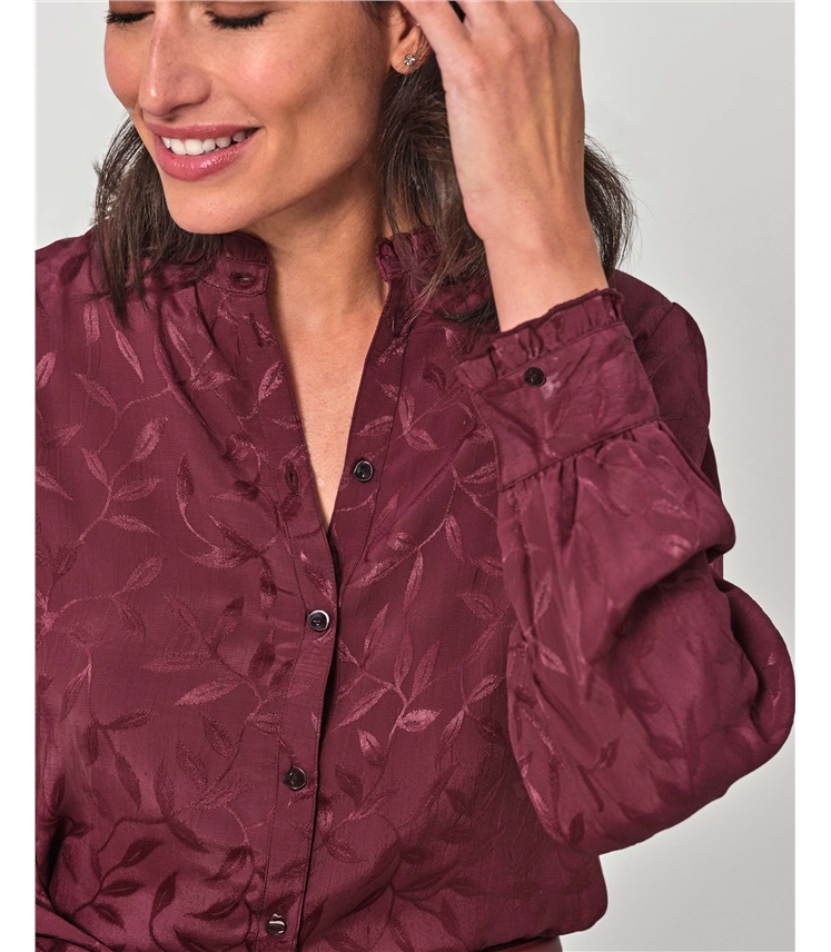Frill Neck Leaf Jaquard Blouse