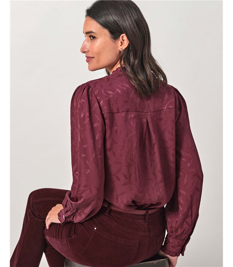 Frill Neck Leaf Jaquard Blouse
