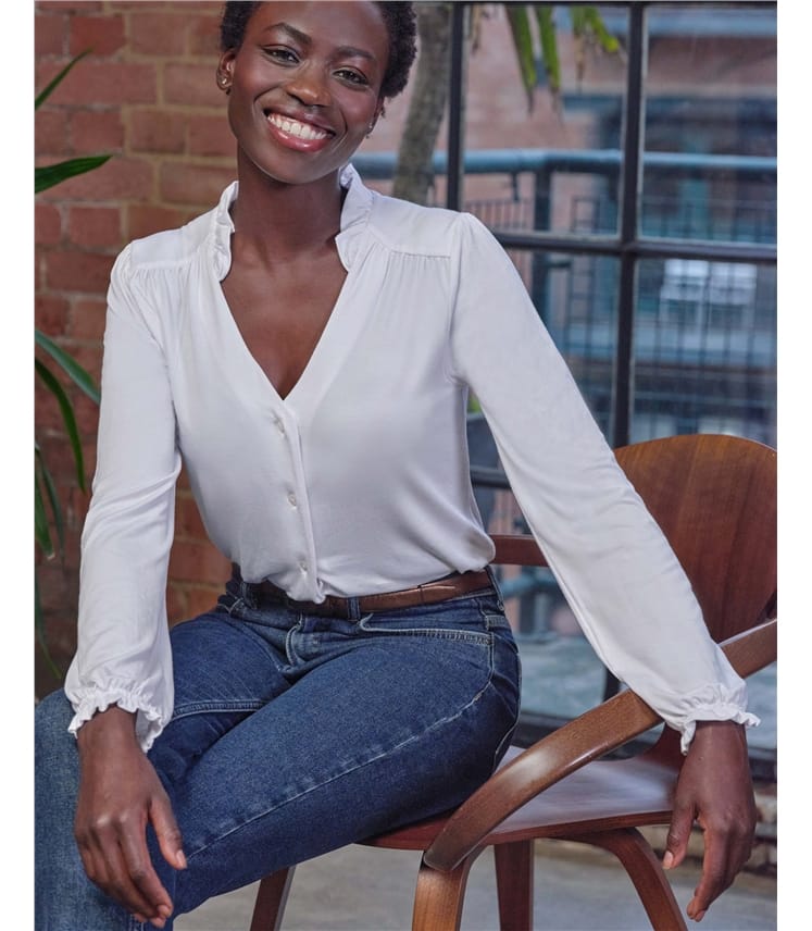 White | Frill Open Neck Jersey Top | WoolOvers US