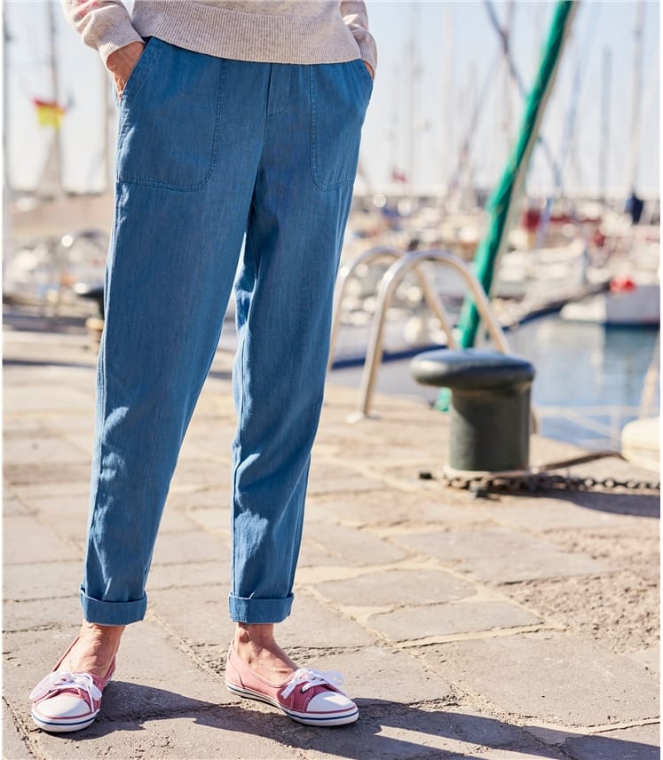 Chambray Womens Cotton Tapered Leg Trousers WoolOvers US