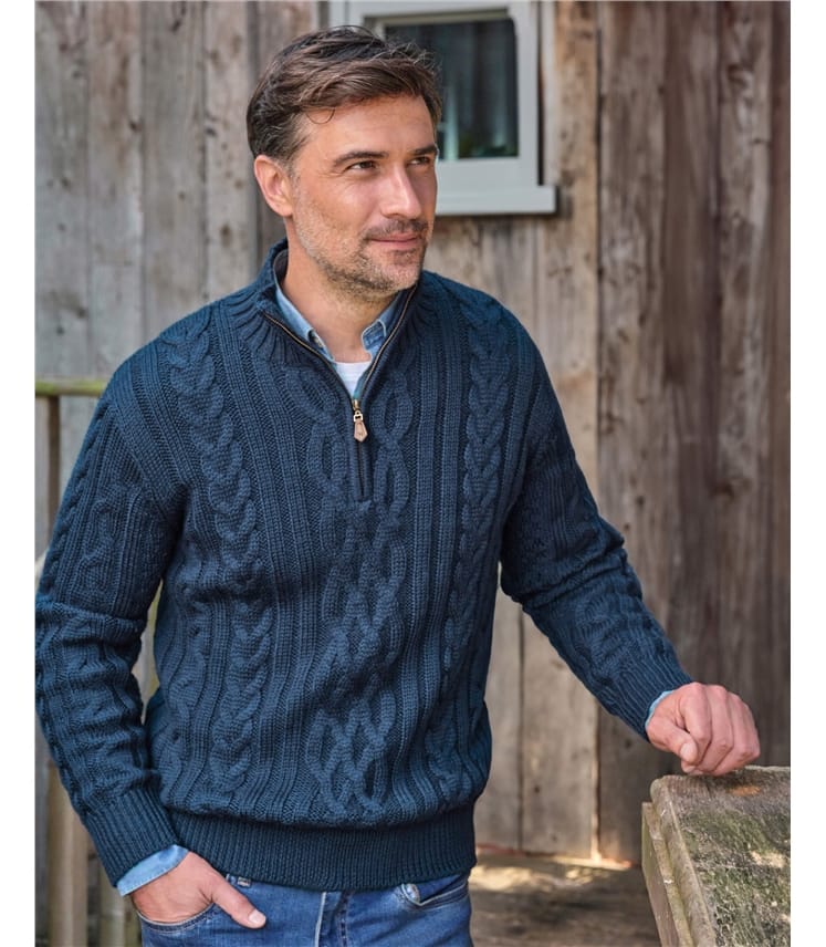 Pull irlandais en maille torsadée à col zippé - Homme - Pure Laine