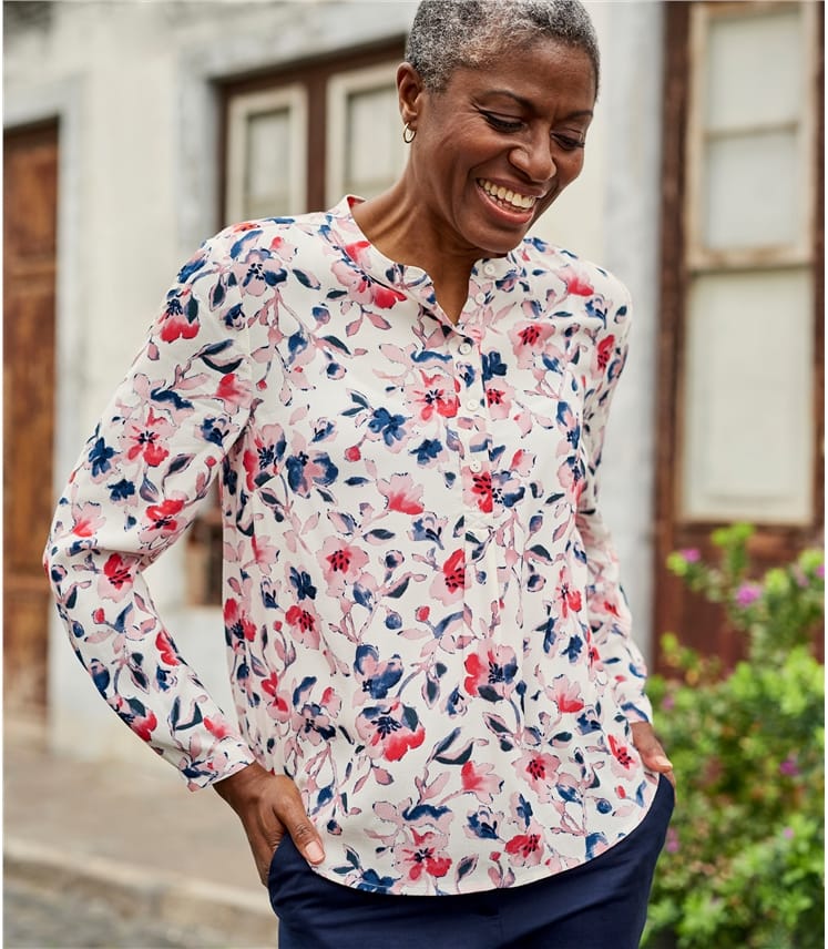 Watercolour Floral | Womens Collarless Printed Blouse | WoolOvers US