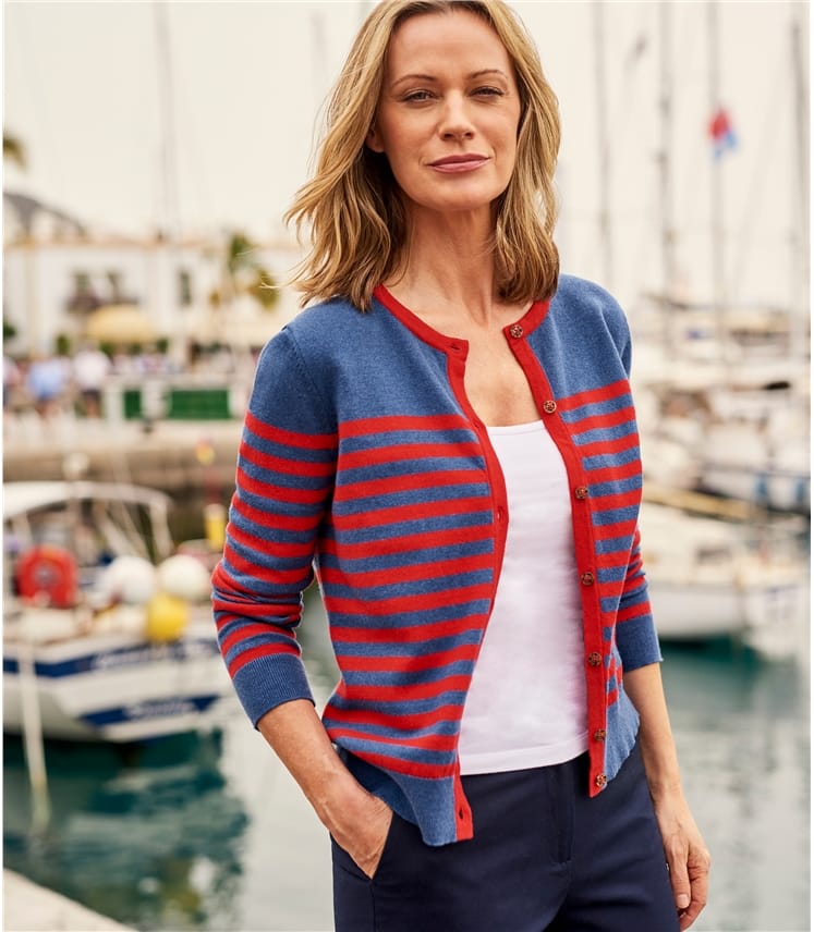 Denim/Red | Womens Breton Stripe Cardigan | WoolOvers US