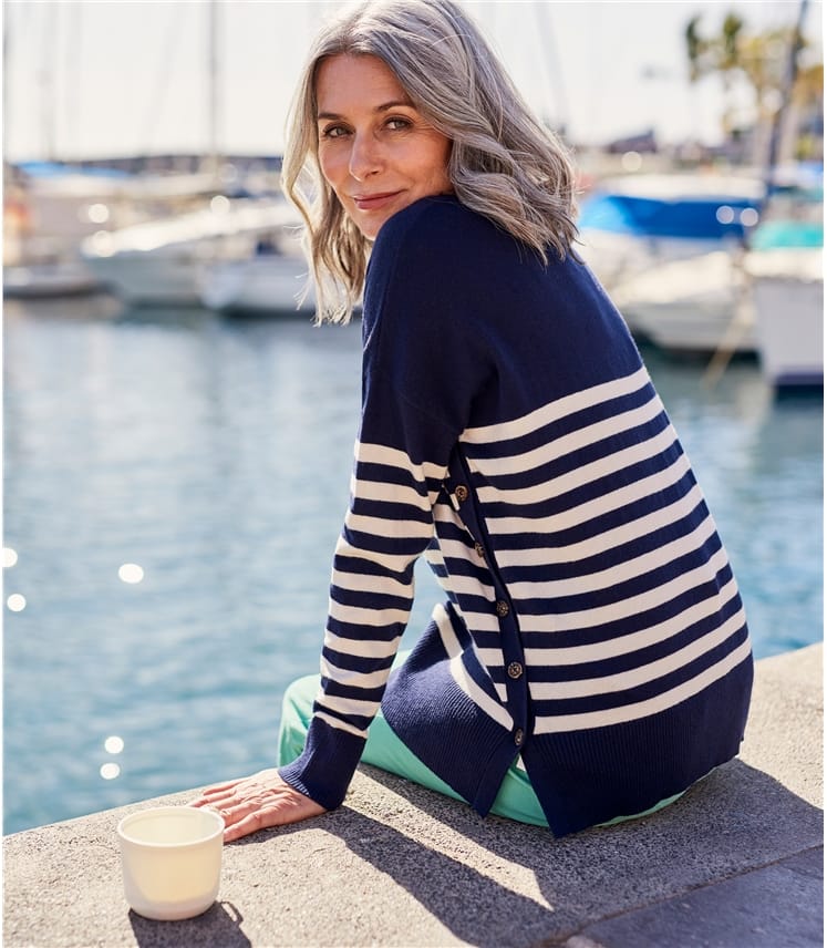 Navy/Cream | Womens Breton Stripe Dropped Shoulder Jumper | WoolOvers UK