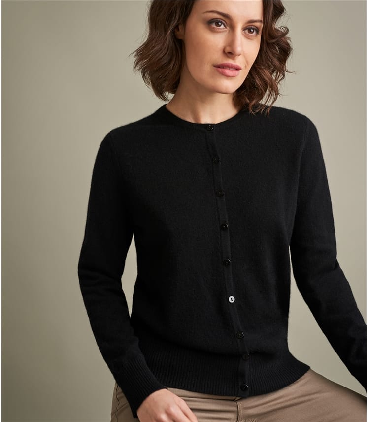 Black | Womens Luxurious Pure Cashmere Crew Neck Cardigan | WoolOvers UK