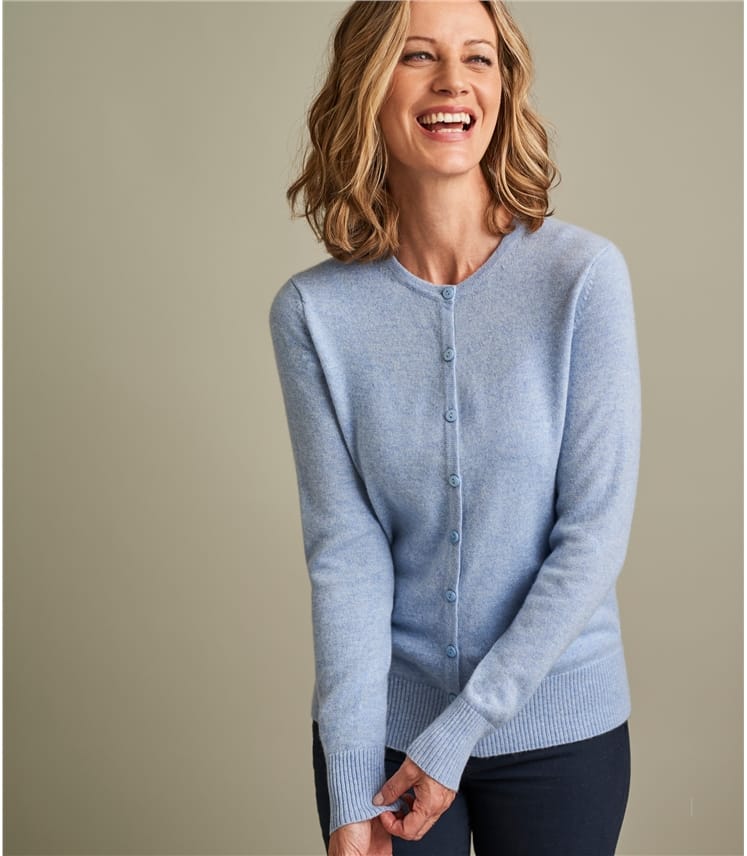 Pale Blue Marl | Womens Luxurious Pure Cashmere Crew Neck Cardigan ...