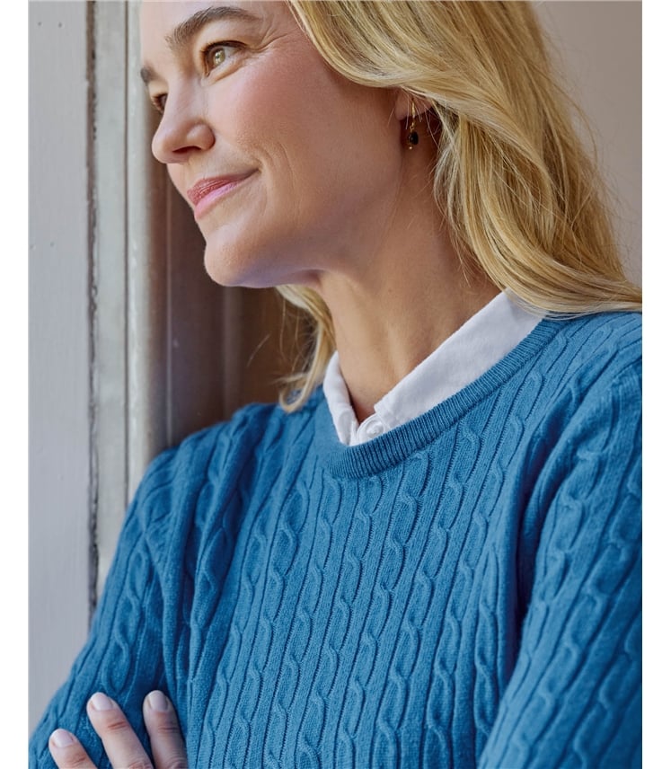Zopfstrickpullover mit Rundhalsausschnitt aus Merinowolle und Kaschmir für Damen