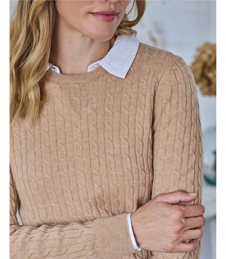 Zopfstrickpullover mit Rundhalsausschnitt aus Merinowolle und Kaschmir für Damen