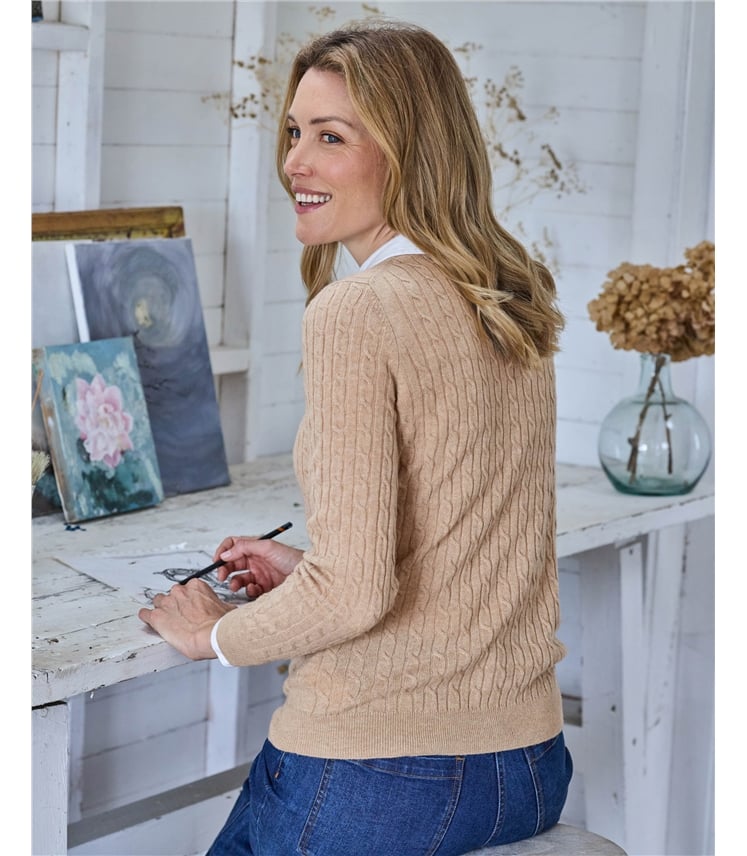 Zopfstrickpullover mit Rundhalsausschnitt aus Merinowolle und Kaschmir für Damen