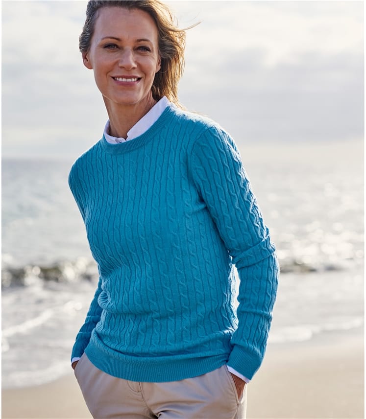 Bright Blue | Womens Cashmere Merino Cable Crew Neck Jumper | WoolOvers UK