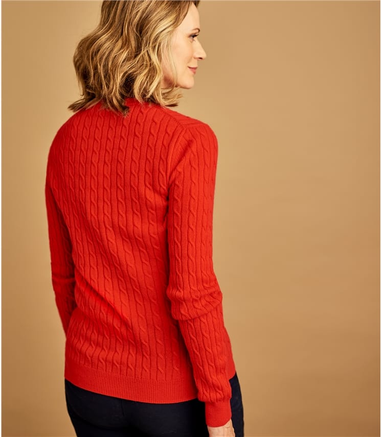 Pillar Box Red Womens Cashmere Merino Cable Crew Neck Jumper