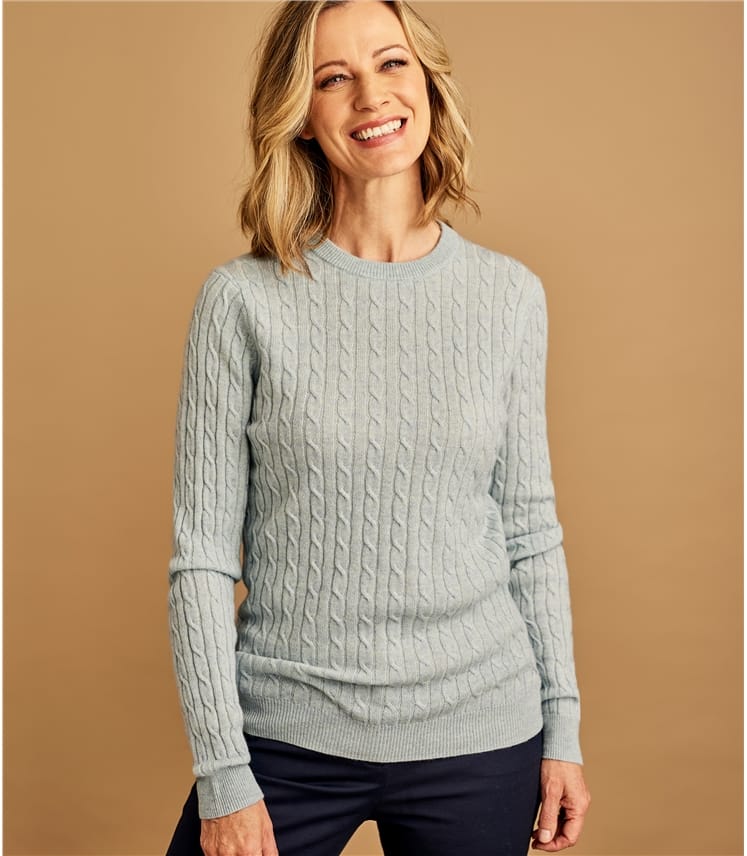 Iced Blue Marl | Womens Cashmere Merino Cable Crew Neck Sweater ...