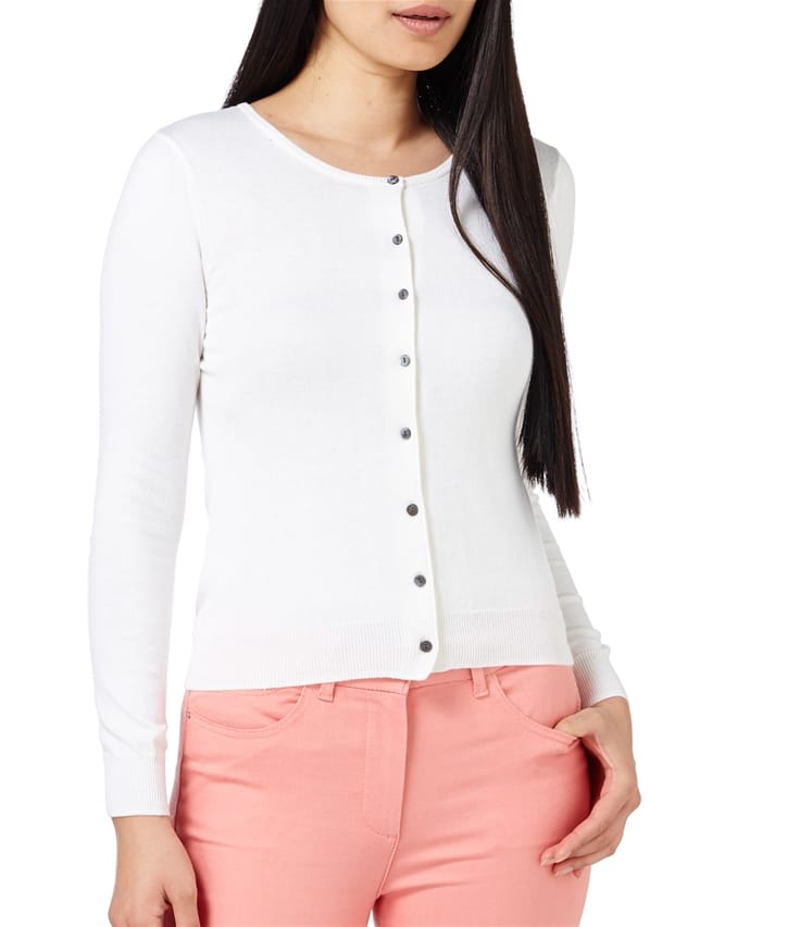 Natural White | Womens Silk & Cotton Crew Neck Cardigan | WoolOvers AU