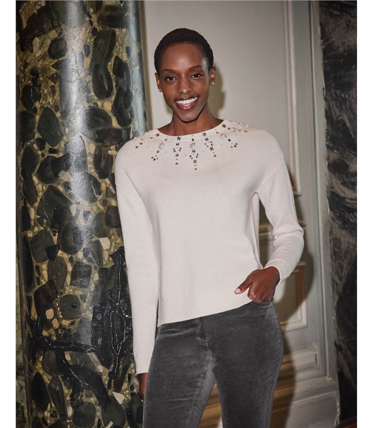 ニット+セーター Crystal Embellished Turtleneck Knit Top Vanilla | Crystal/ Pearl Embellished Sweater | WoolOvers US