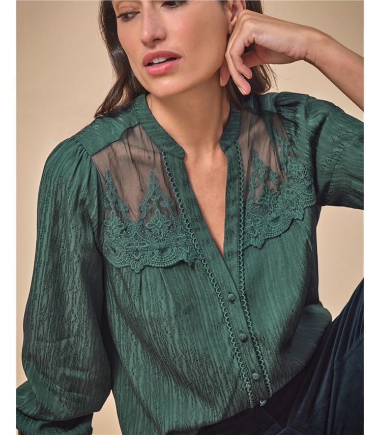 Emerald | Notch Neck Lace Trim Blouse | WoolOvers US