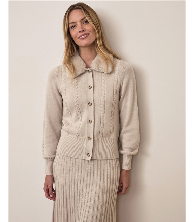 Wool Cashmere Fur Trim Cable Cardigan