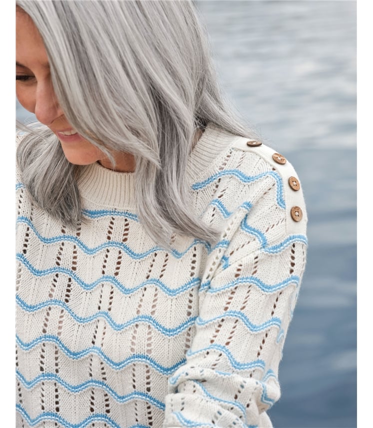 Pull à rayures et pointelle ondulée - Femme - 50 % coton, 50 % laine