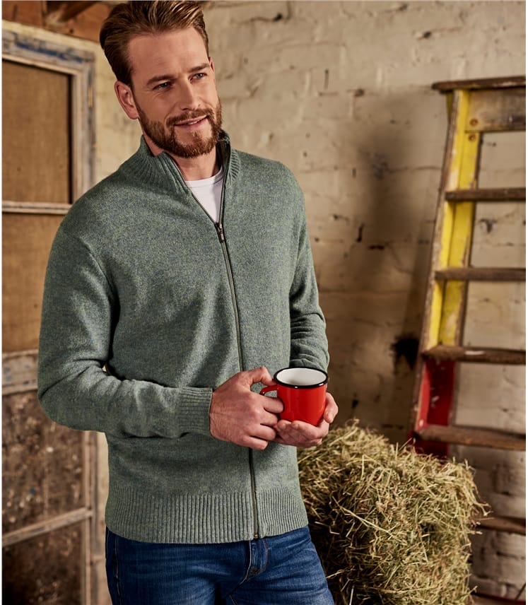 Green Mist Mens Lambswool Lincoln Zipper Cardigan WoolOvers US