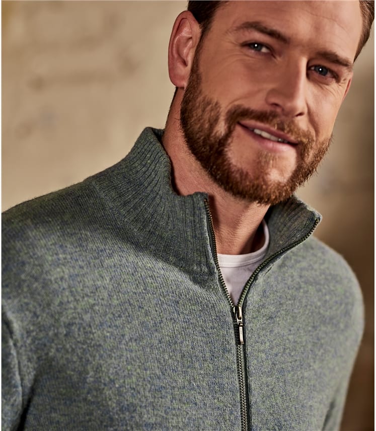 Green Mist | Mens Lambswool Lincoln Zipper Cardigan | WoolOvers US