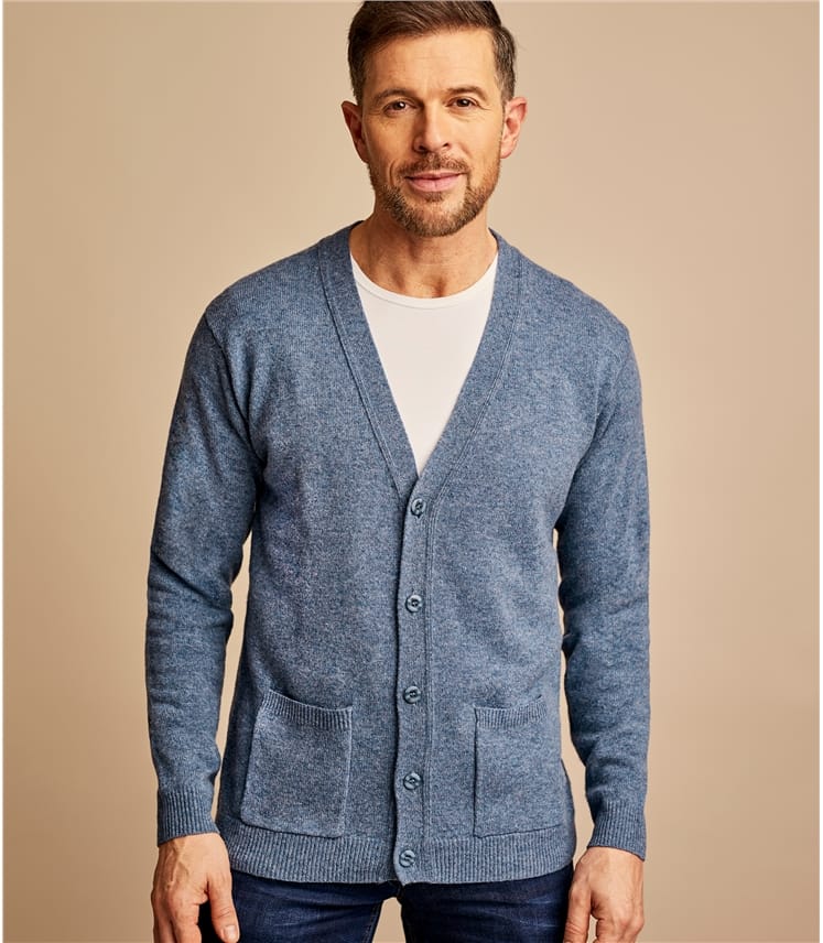 Light Denim | Mens Lambswool V Neck Cardigan | WoolOvers US