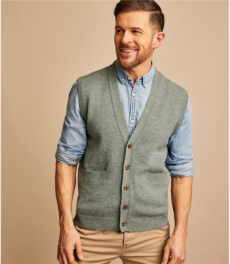 Green Mist Pure Lambswool | Mens Lambswool Knitted Waistcoat